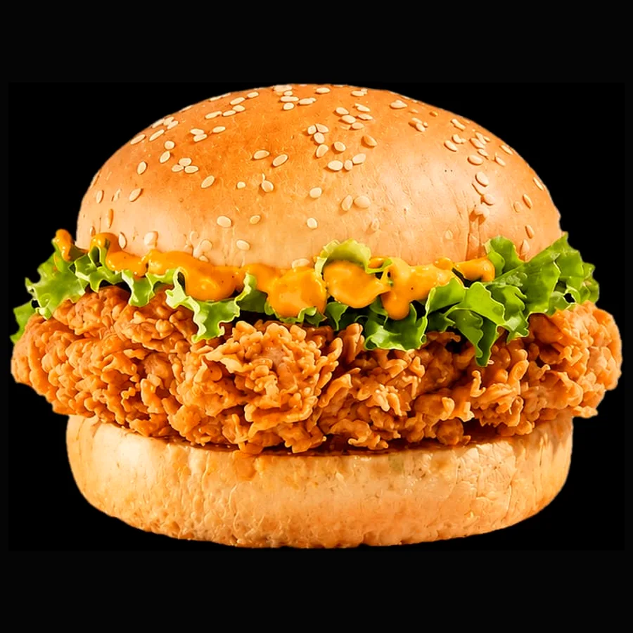 Illustrative crispy chicken burger